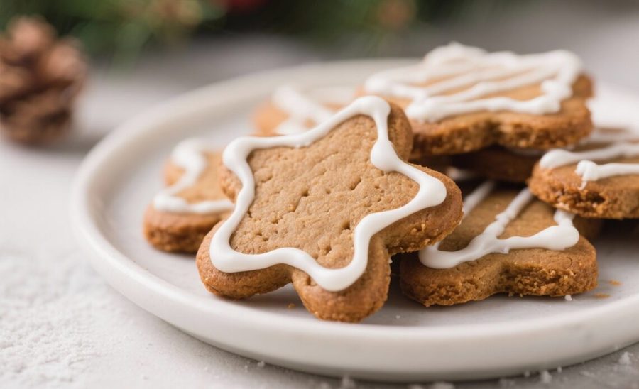 Glazed gingerbread star cookies, warm spices, glossy finish, festive plate display