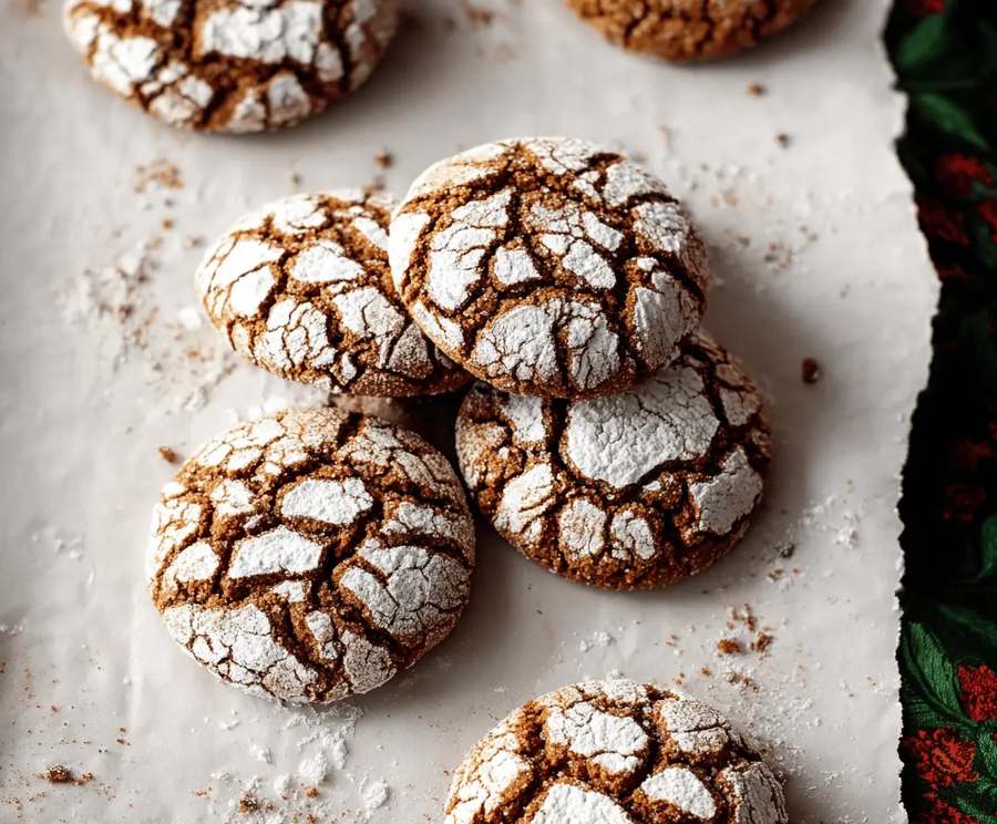 Dark chocolate gingerbread crinkles, warm spices, glossy finish, holiday treat