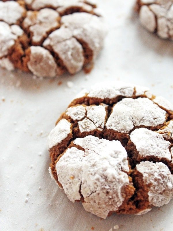 Close-up gingerbread crinkle cookie, crackled sugar glaze, warm spice aroma, festive bite