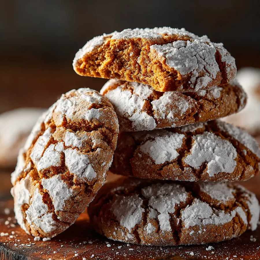 Two gingerbread crinkle cookies stacked, one with a bite taken, dusted in powdered sugar