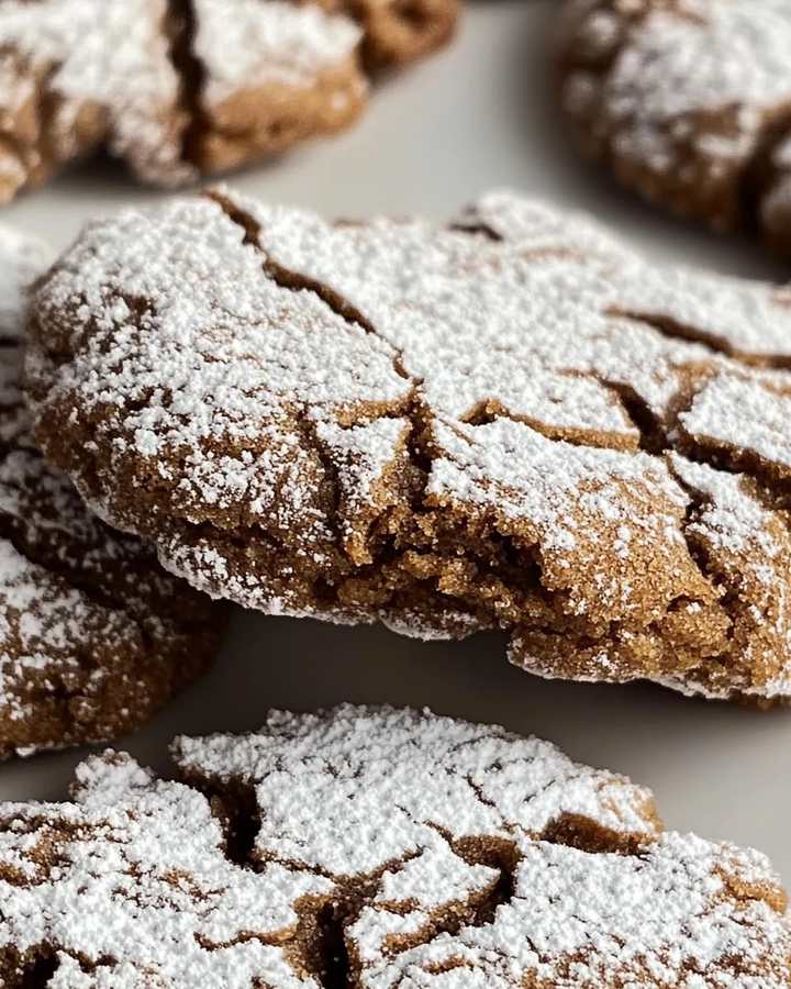 Close‑up of gingerbread crinkle cookie covered in fine powdered sugar, showing texture