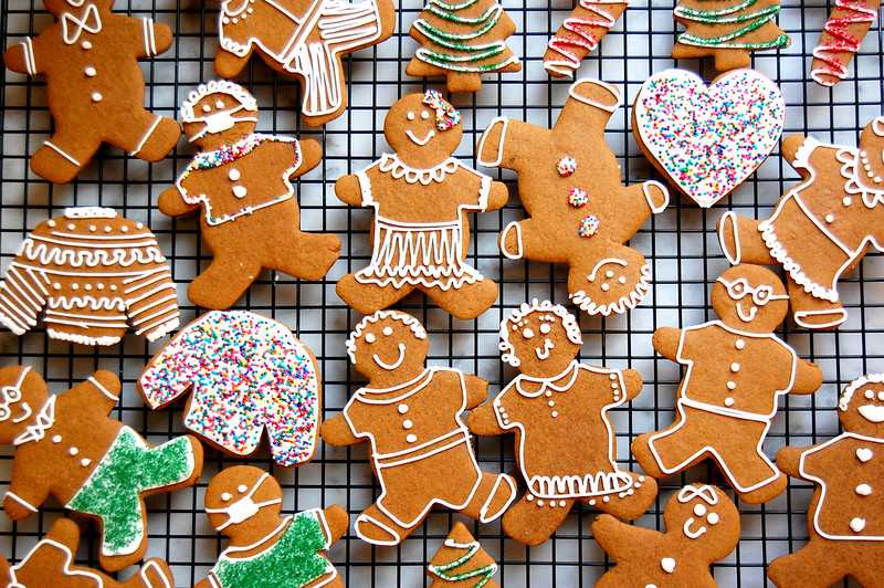 Variety of gingerbread cut‑outs with colorful icing and festive decorations on a rack