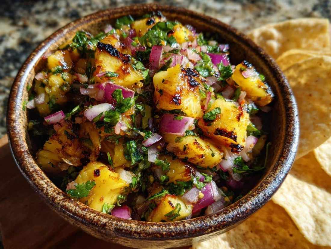 Grilled pineapple salsa with crisp broccoli, tangy dressing, toasted nuts, dried fruit, and cheese.