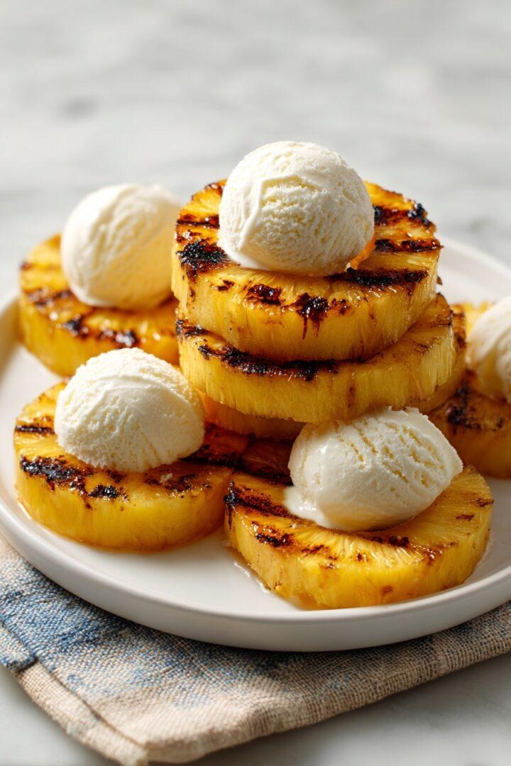 grilled pineapple rings with crisp broccoli florets, nuts, dried fruit, cheese, and savory dressing