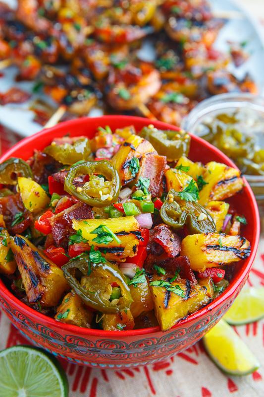 grilled pineapple salsa with crisp broccoli florets, nuts, dried fruit, cheese, and savory dressing