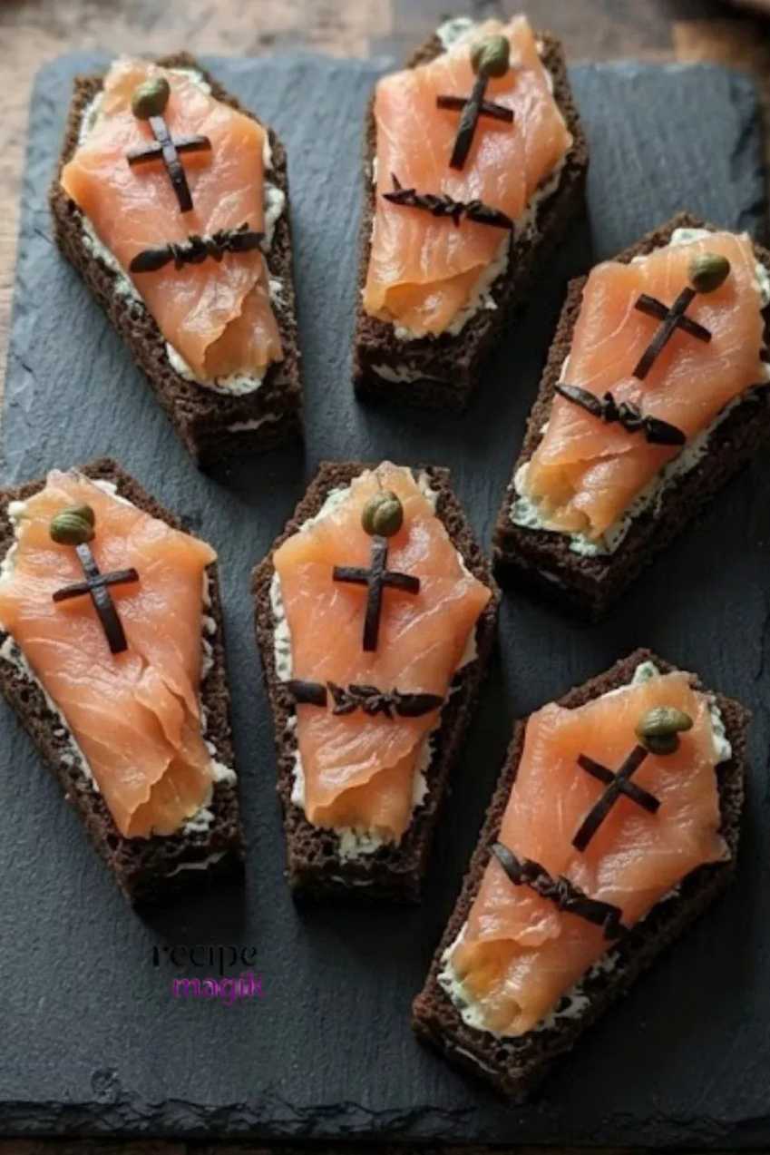 Rectangular crackers topped with smoked salmon and dill cream cheese shaped like coffins