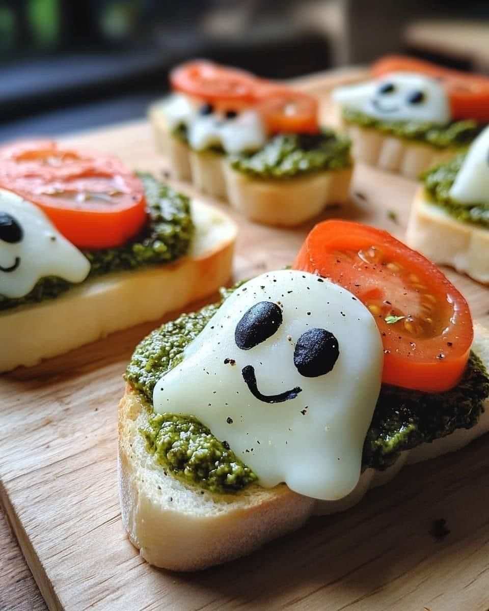 Grilled bread slices topped with tomato, mozzarella, and basil shaped like ghosts
