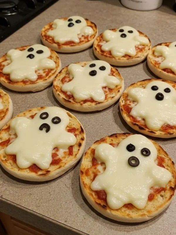 Crispy flatbread pizza topped with marinara, string cheese spiderweb pattern, and black olive spiders.