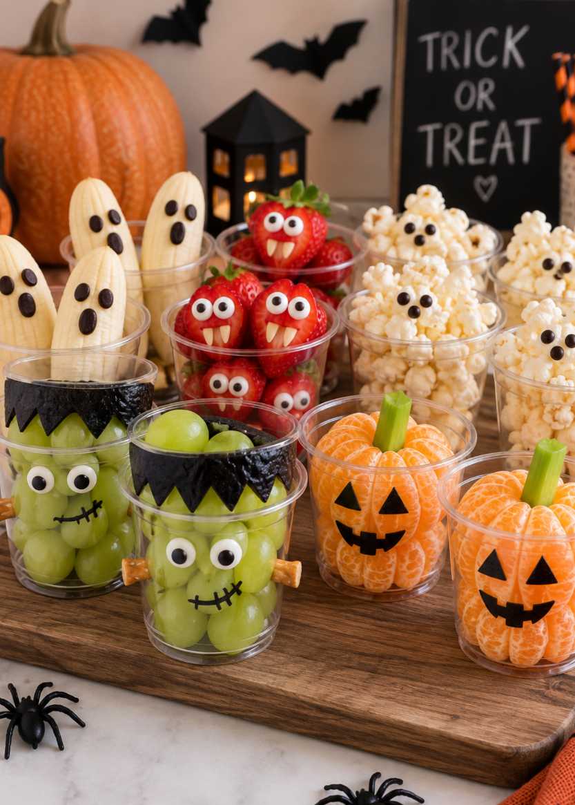 Clear cups layered with orange popcorn, purple grapes, and orange‑tinted fruit bites, topped with a drizzle of caramel.