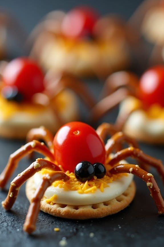 Crackers topped with cream cheese and chocolate chip spider legs on a white plate