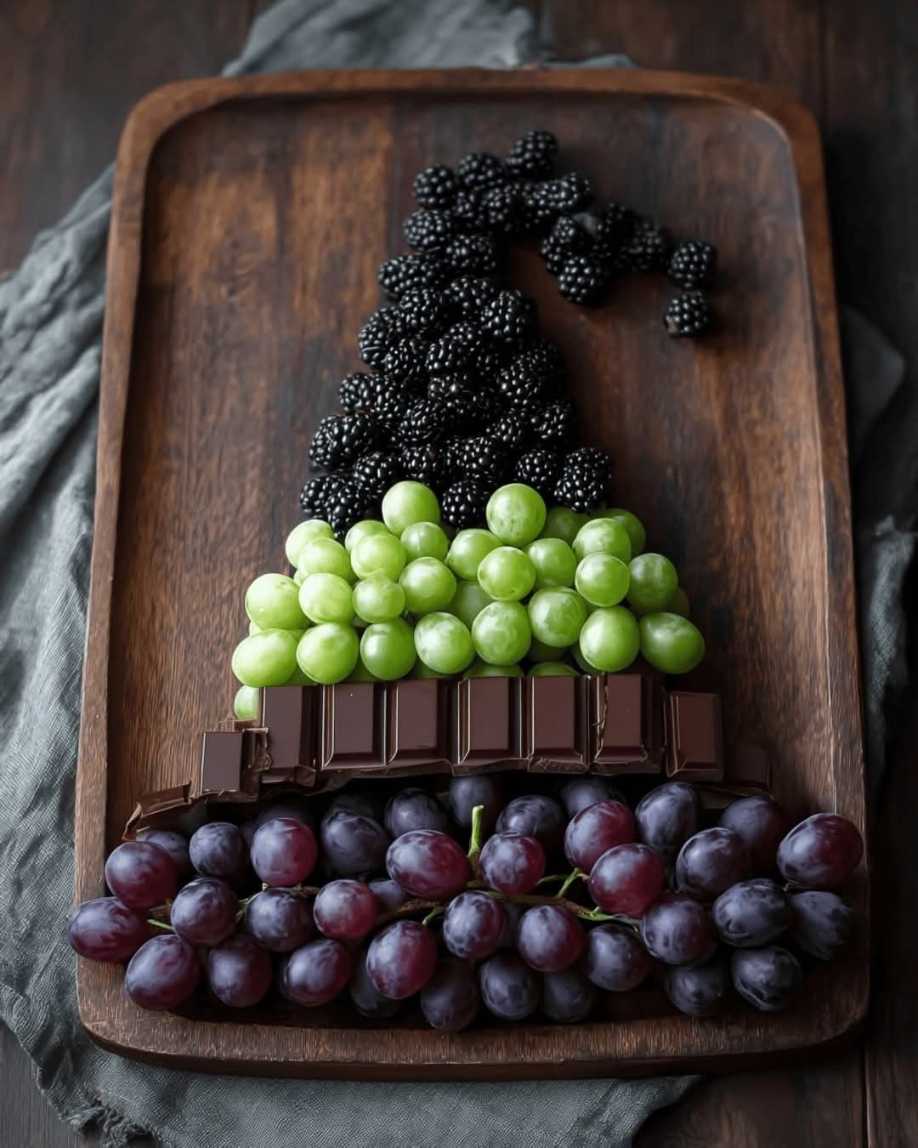 Fruit platter arranged in the shape of a witch hat with grapes, strawberries, and kiwi