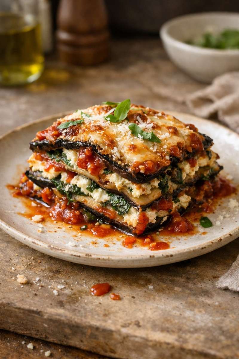 Tender eggplant layers and spinach mingle under a creamy garlic bechamel in a baked lasagna.