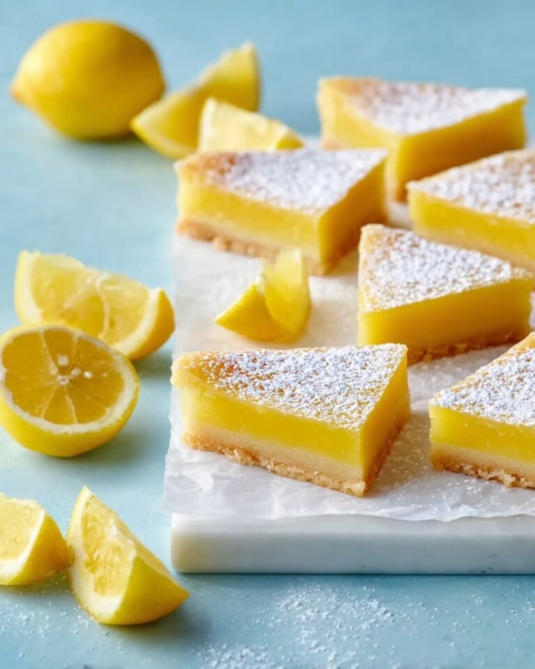 Classic lemon bars with golden shortbread crust, bright lemon curd, dusted with powdered sugar