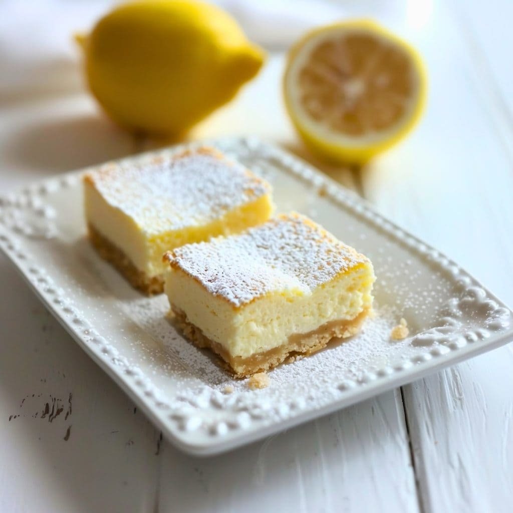 Lemon cream cheese bars, buttery shortbread crust, bright lemon curd, dusted with powdered sugar