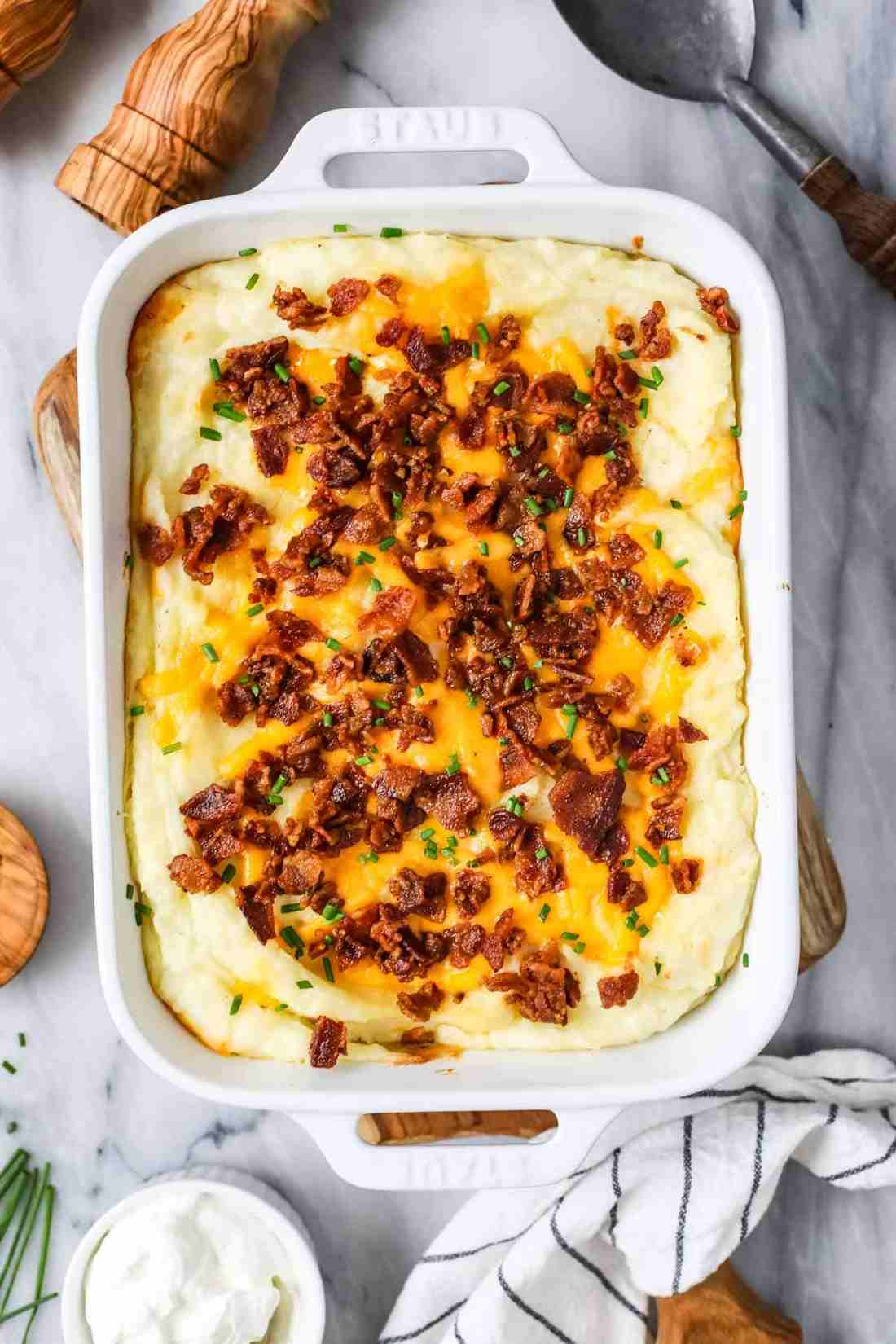 Spicy mashed potato bake with diced jalapeños, cream cheese, crispy bacon, and melted pepper jack
