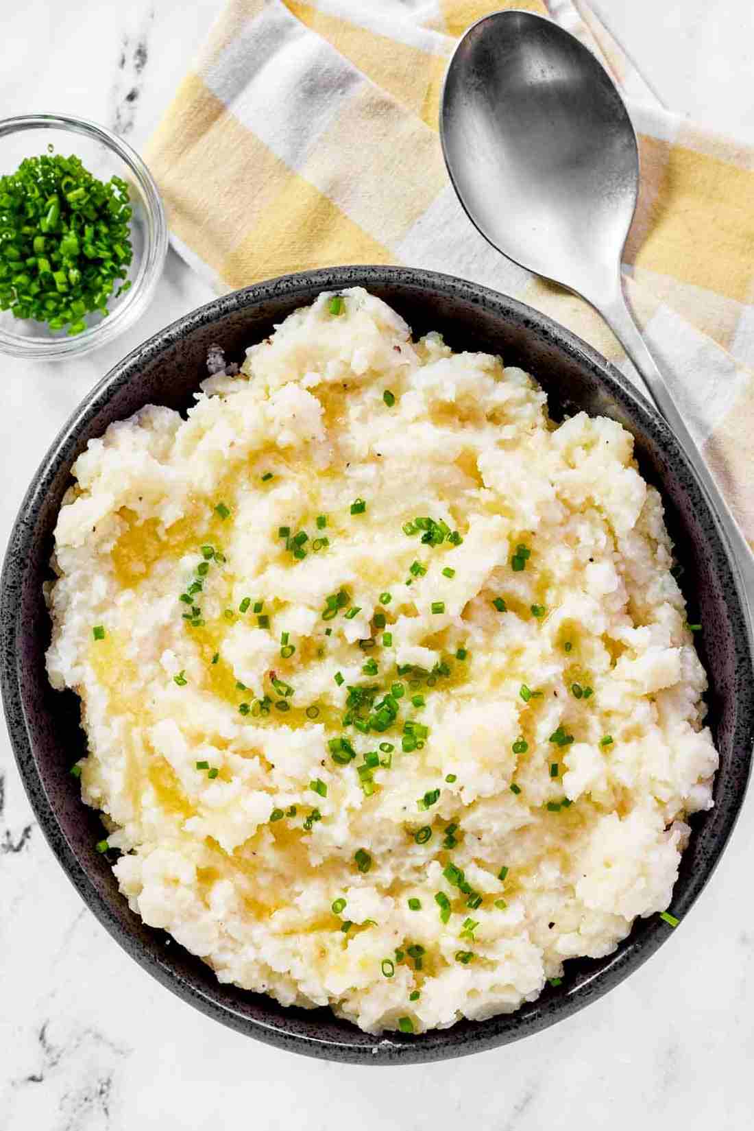 Creamy buttermilk mashed potatoes swirled with sweet caramelized onions and golden melted butter
