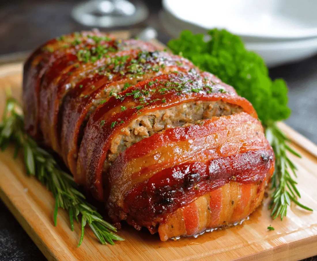Sweet and smoky bacon-wrapped meatloaf with brown sugar glaze, golden crust, and juicy interior