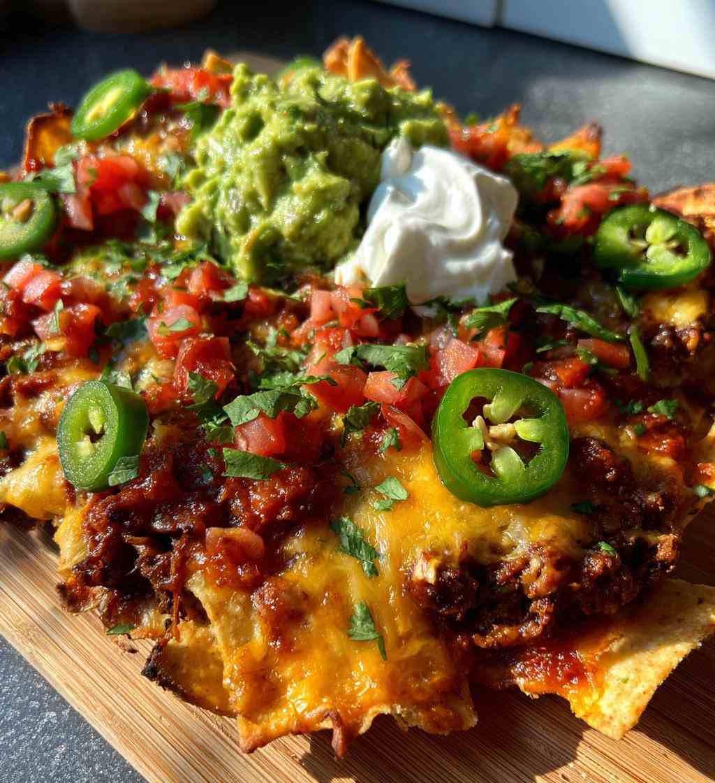 Skillet classic loaded nachos with melted cheese, hot jalapeños, homemade guacamole, sour cream, and tortilla chips.
