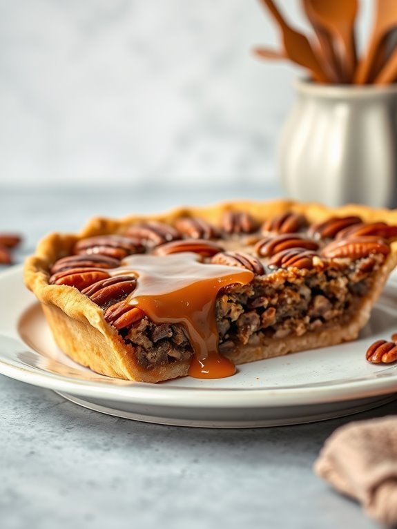 Deep dish salted caramel pecan pie slice with golden filling and toasted pecans on plate