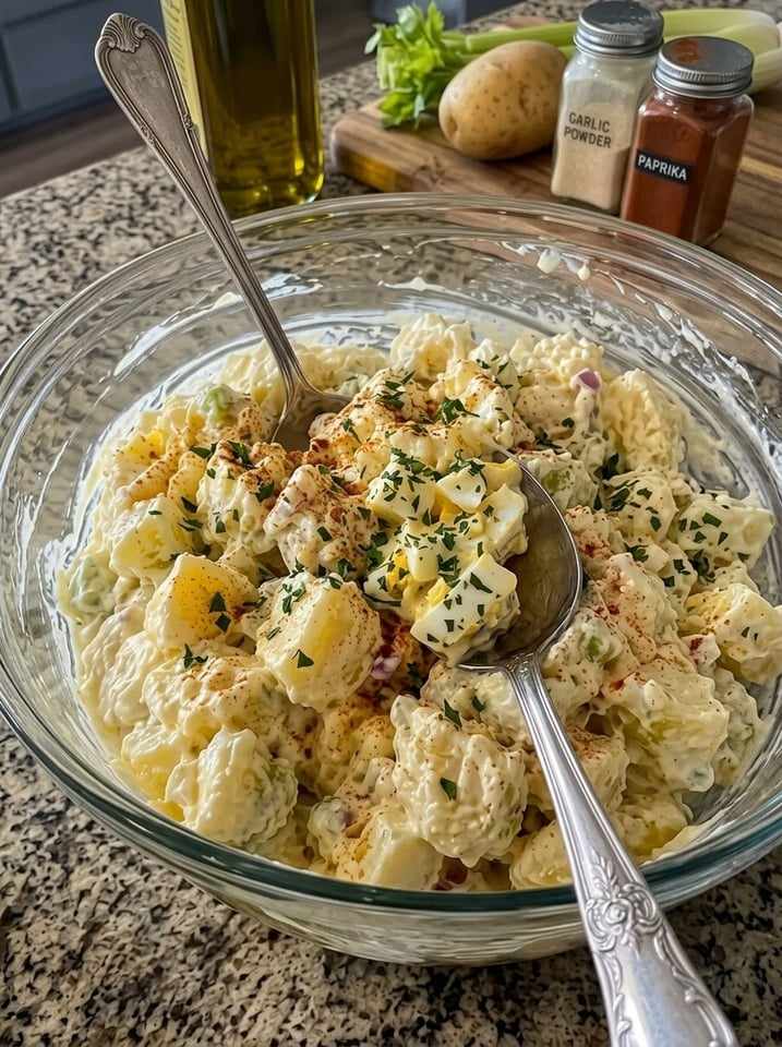Classic creamy potato salad with golden potatoes, luscious dressing, fresh parsley, and crunchy carrots