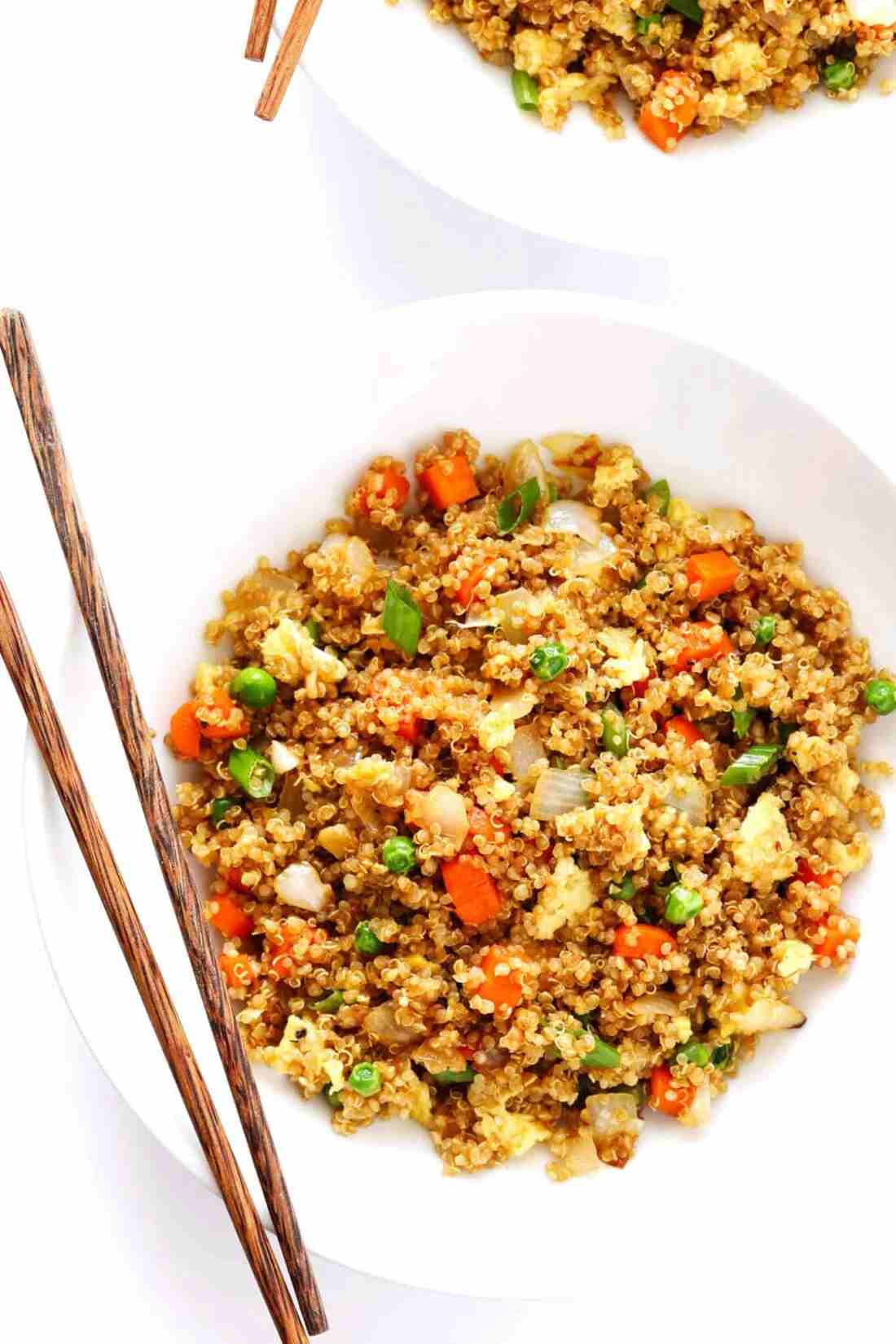 Mediterranean quinoa fried rice with black olives, feta, and fresh herbs