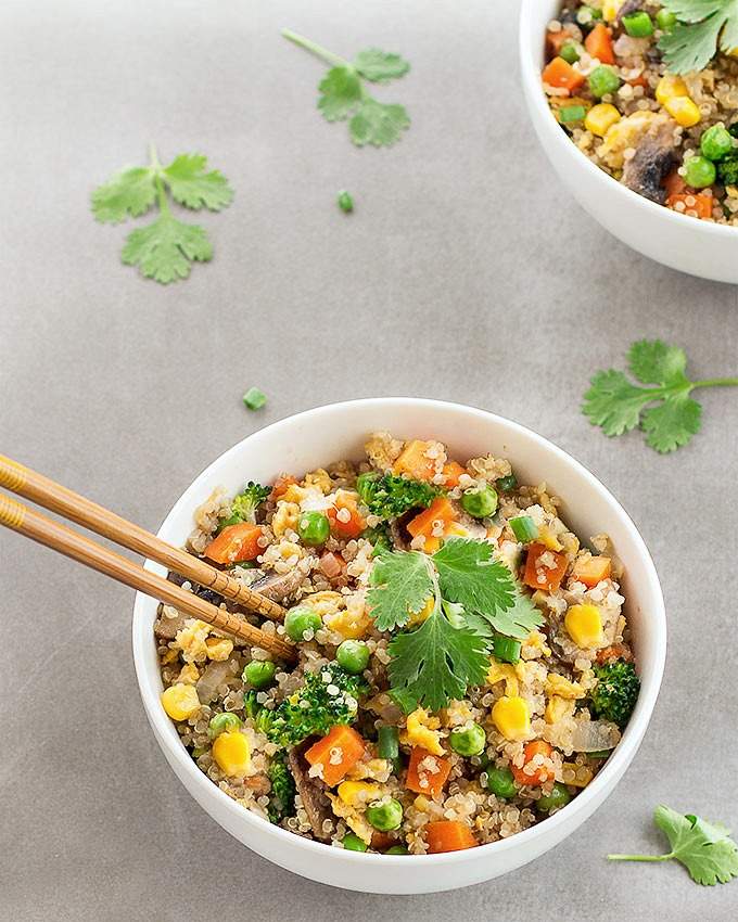 Smoky mushroom quinoa fried rice with earthy veggies and soy glaze