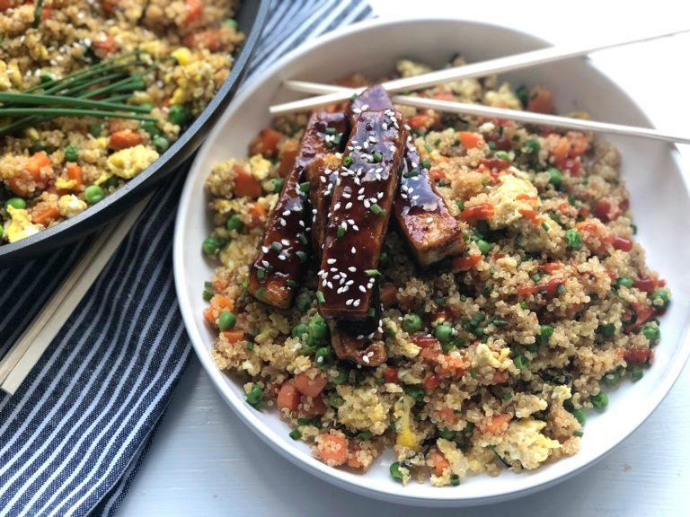 Crispy veggie quinoa fried rice with fluffy grains, crunchy veggies, and a soy glaze