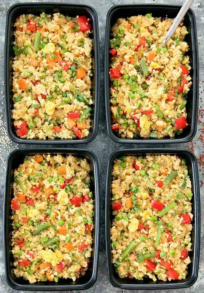 Meal-prep quinoa fried rice with veggies, soy sauce, and easy reheating.