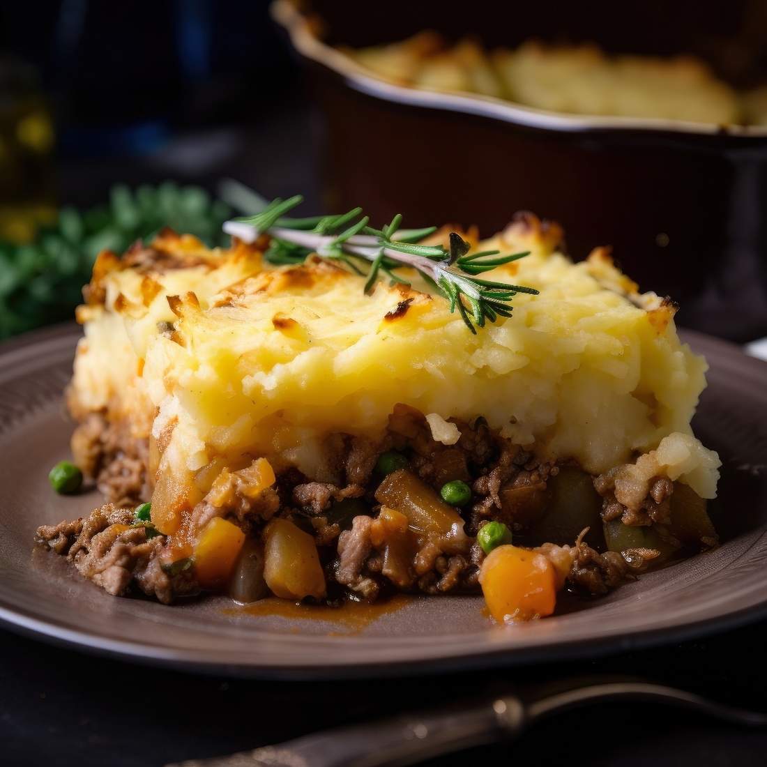 Golden mashed potato topped homestyle shepherd's pie with savory beef filling, bubbling cheese