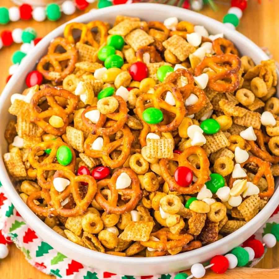 Light airy Chex mix with pretzel sticks, sunflower seeds, butter, and subtle herb seasoning