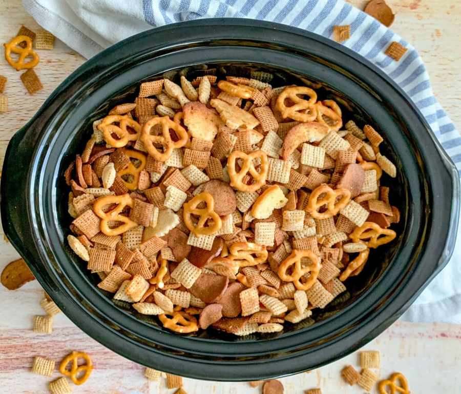 Sweet‑savory Chex mix with pretzels, pecans, butter, and honey glaze