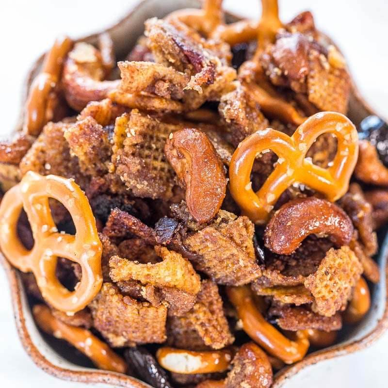 Herb‑garden Chex mix with pretzels, pistachios, butter, and herb blend
