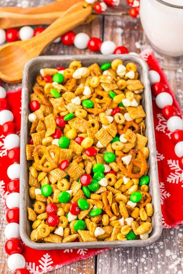 Sweet cinnamon sugar Chex mix with buttery pretzels, honey‑glazed nuts, and crunchy cereal