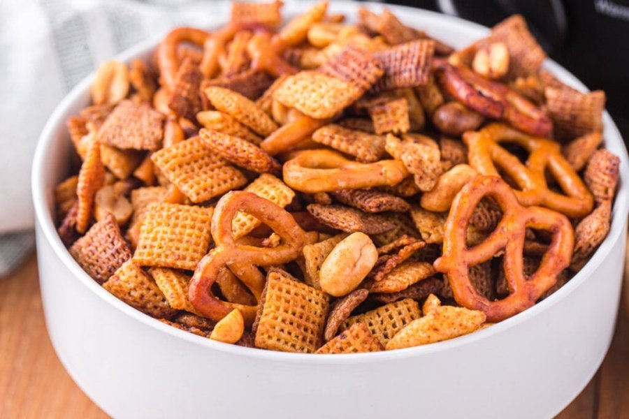 Classic Chex mix with pretzel rods, cashews, and buttery soy glaze
