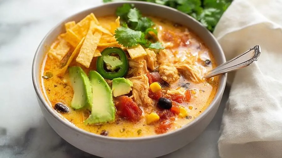 Creamy tomato basil chicken tortilla soup with fragrant broth, shredded chicken, crispy tortilla strips, avocado, and lime