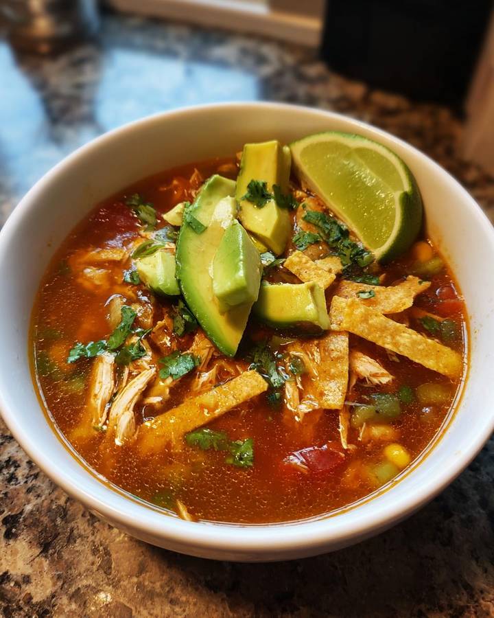 Classic chicken tortilla soup featuring robust tomato broth, shredded chicken, crispy tortilla strips, avocado, and lime