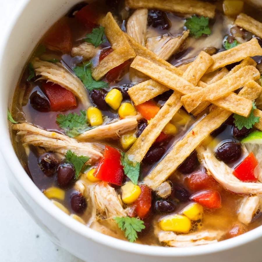 Classic chicken tortilla soup with deep tomato broth, shredded chicken, crunchy tortilla strips, avocado, and lime