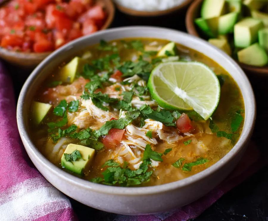 Chicken lime tortilla soup with bright citrus broth, shredded chicken, crunchy tortilla strips, avocado, and lime