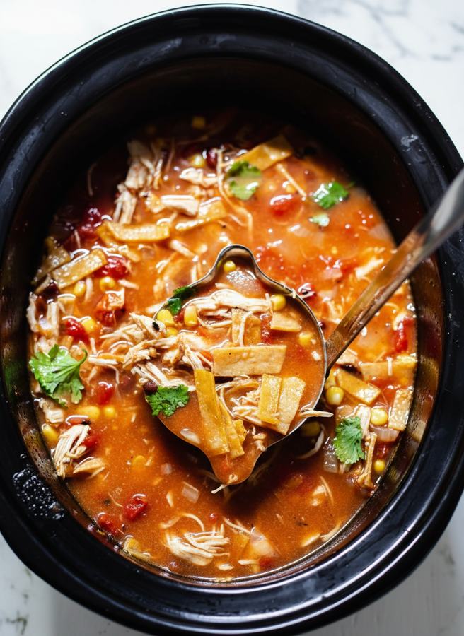 Thick masa‑harina chicken tortilla soup, rich tomato broth, shredded chicken, crispy tortilla strips, avocado, lime