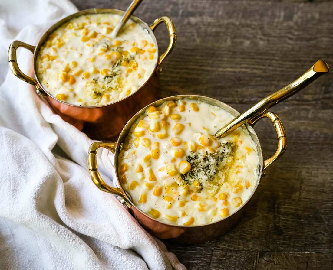 Honey‑butter creamed corn with apple cider, sweet buttery corn side, crockpot dish