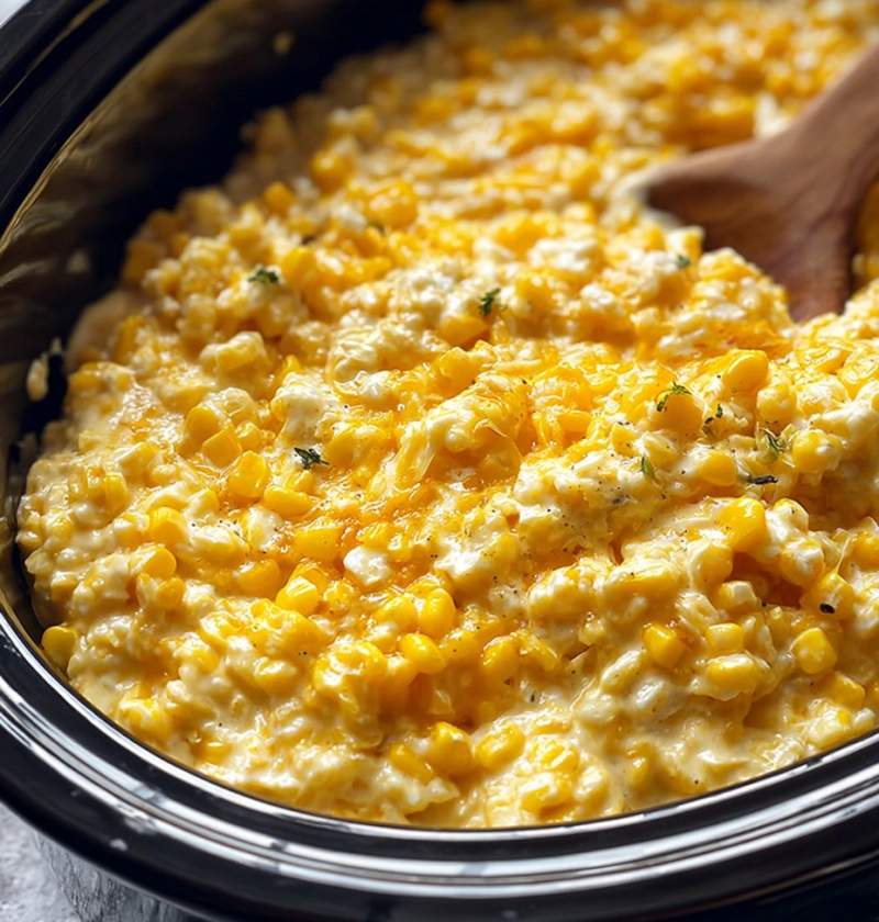 Cream cheese creamed corn, slow cooker side with creamy sauce, velvety corn delight
