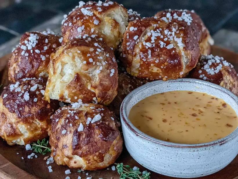 Golden-brown soft pretzel bites topped with creamy beer cheese dip, perfect for parties