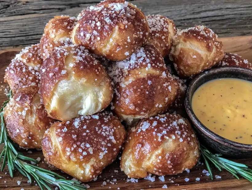 Rustic Bavarian soft pretzel bites with coarse salt and a steaming hot dip