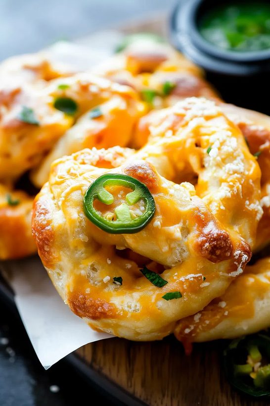 Spicy jalapeño cheddar soft pretzel bites with a creamy dip, perfect for snacking