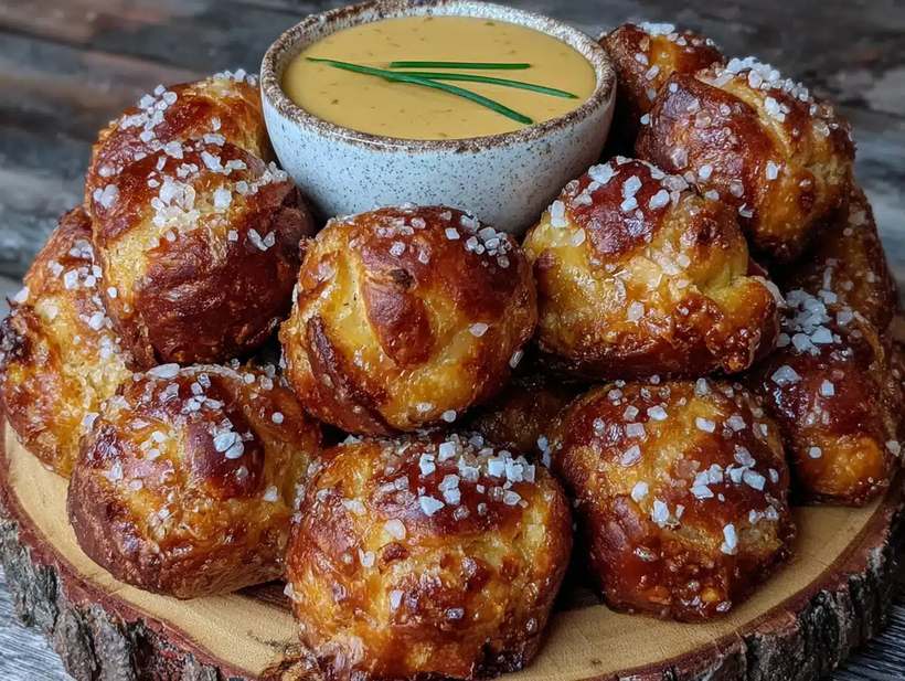 Golden pretzel bites paired with a herby beer cheese dip, speckled with parsley