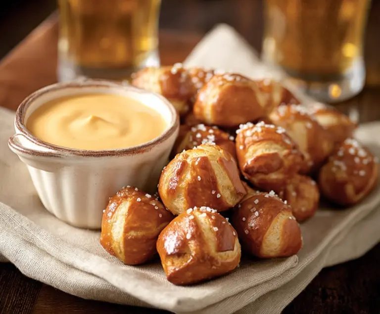Soft pretzel bites with a smoky chipotle beer cheese dip, deep orange hue