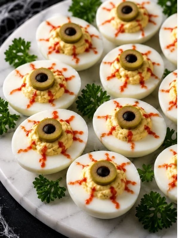 Hard-boiled deviled eggs with creamy yolk filling, black olive pupils, and red paprika bloodshot veins.