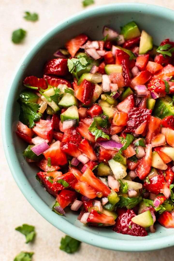 Classic fresh strawberry salsa with strawberries, lime, cilantro, and a pinch of smoked paprika
