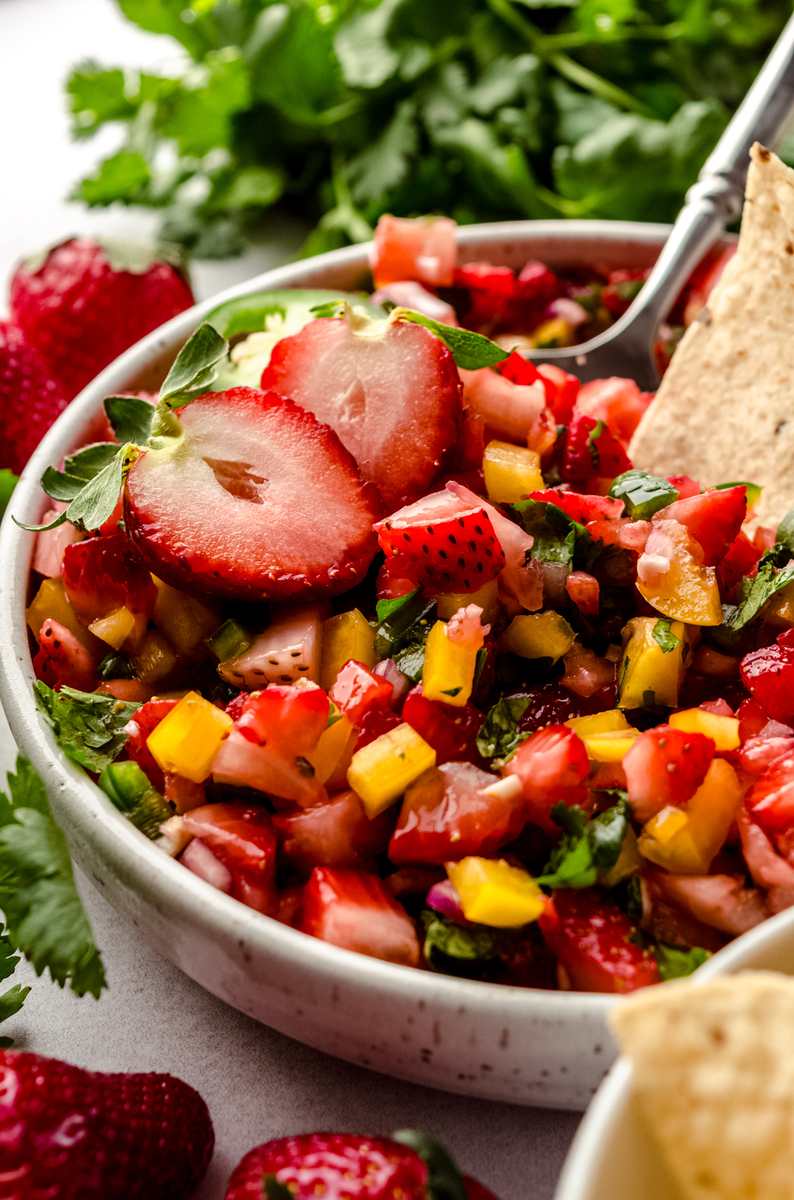 Classic fresh strawberry salsa featuring strawberries, lime, cilantro, and a touch of jalapeño