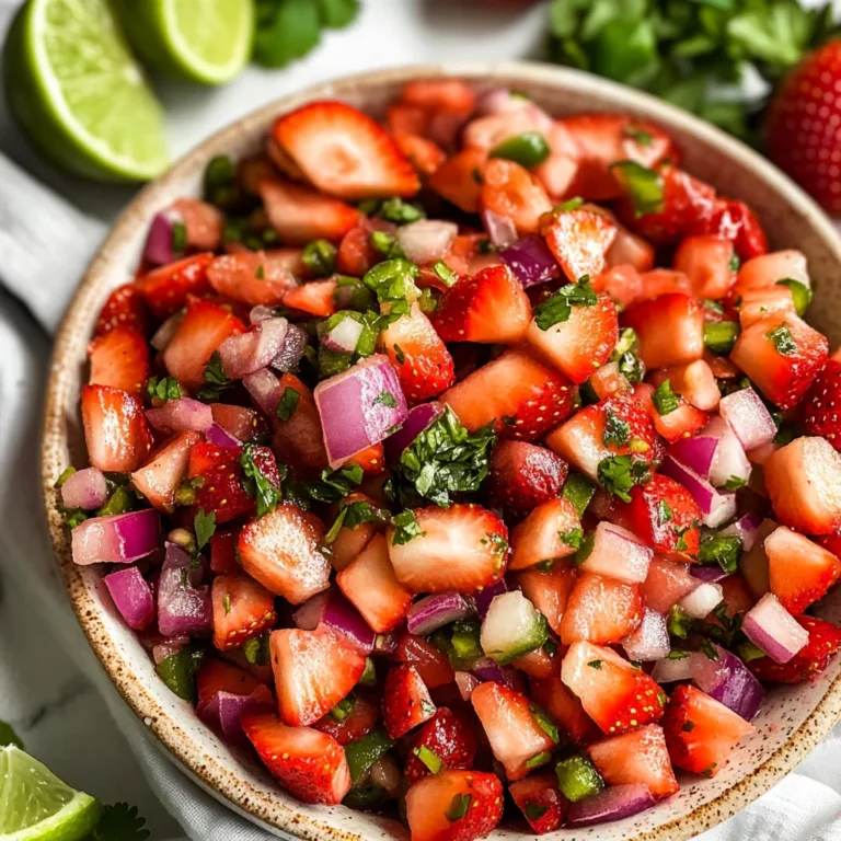 Classic fresh strawberry salsa with strawberries, lime, cilantro, and a splash of sparkling water